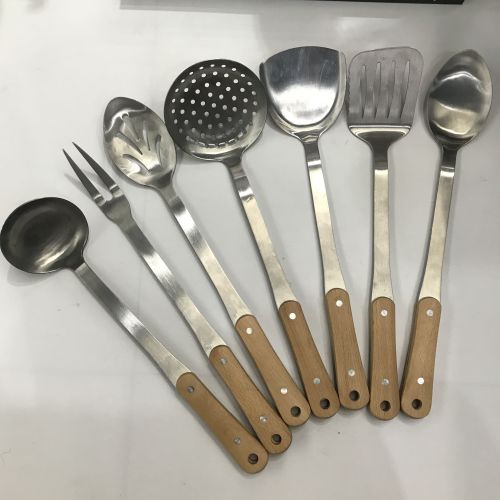 [huilin] stainless steel kitchenware non-magnetic anti-scald sanding long wooden handle porridge colander spatula flat shovel long tongue spoon