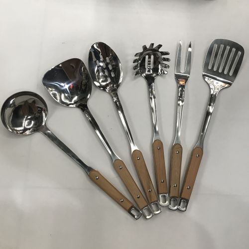[huilin] stainless steel kitchenware non-magnetic anti-scald double stand wooden handle porridge colander spatula flat shovel long tongue spoon