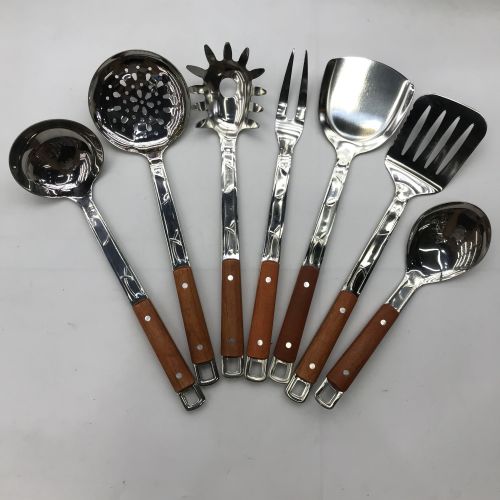 [huilin] stainless steel kitchenware non-magnetic anti-scald colored thread wooden handle thickened porridge colander spatula flat shovel long tongue spoon