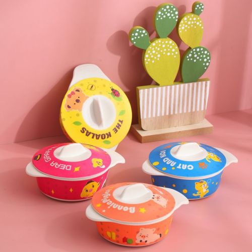 Children‘s Tableware Bamboo Fiber Rice Bowl with Lid Cartoon Bowl Household Baby Food Supplement Bowl Meal Bowl Soup Bowl Kindergarten