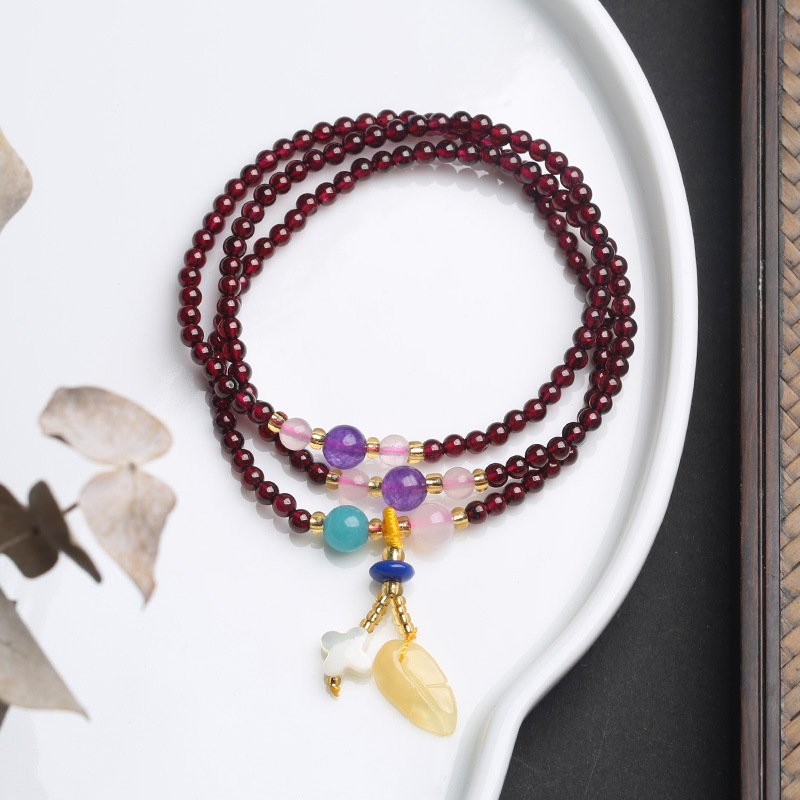 天然3MM三圈石榴石手链吊树叶SLSSL44-A1