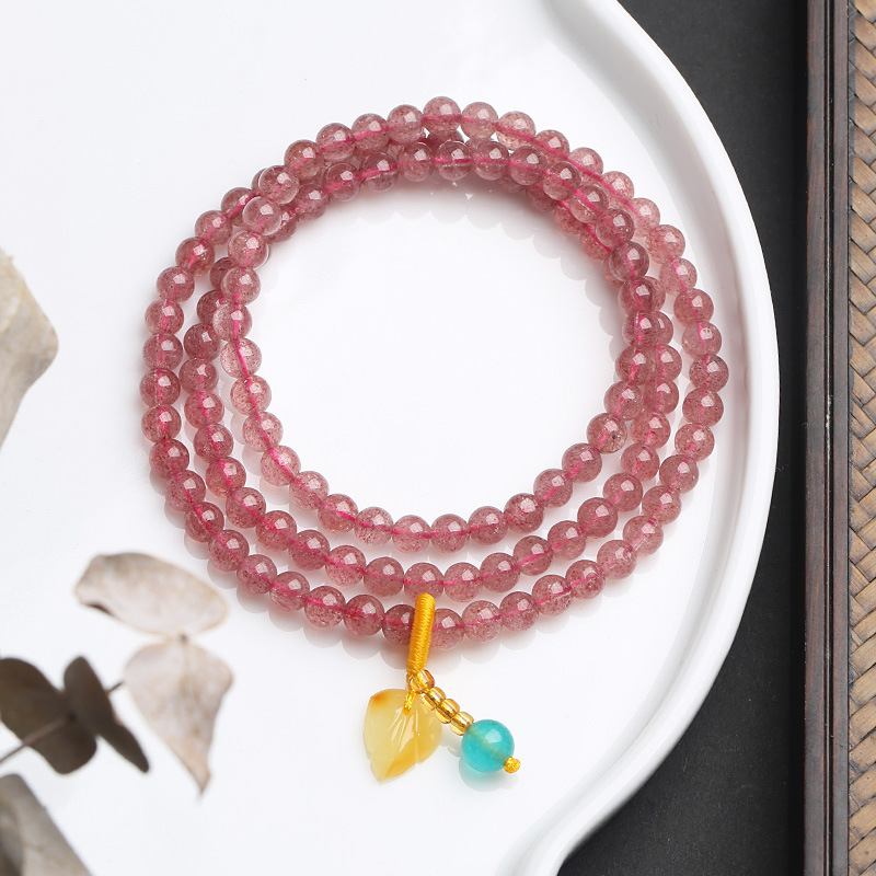 天然5MM三圈草莓晶手链吊蜜蜡吊坠 吊坠随机 CMSL06