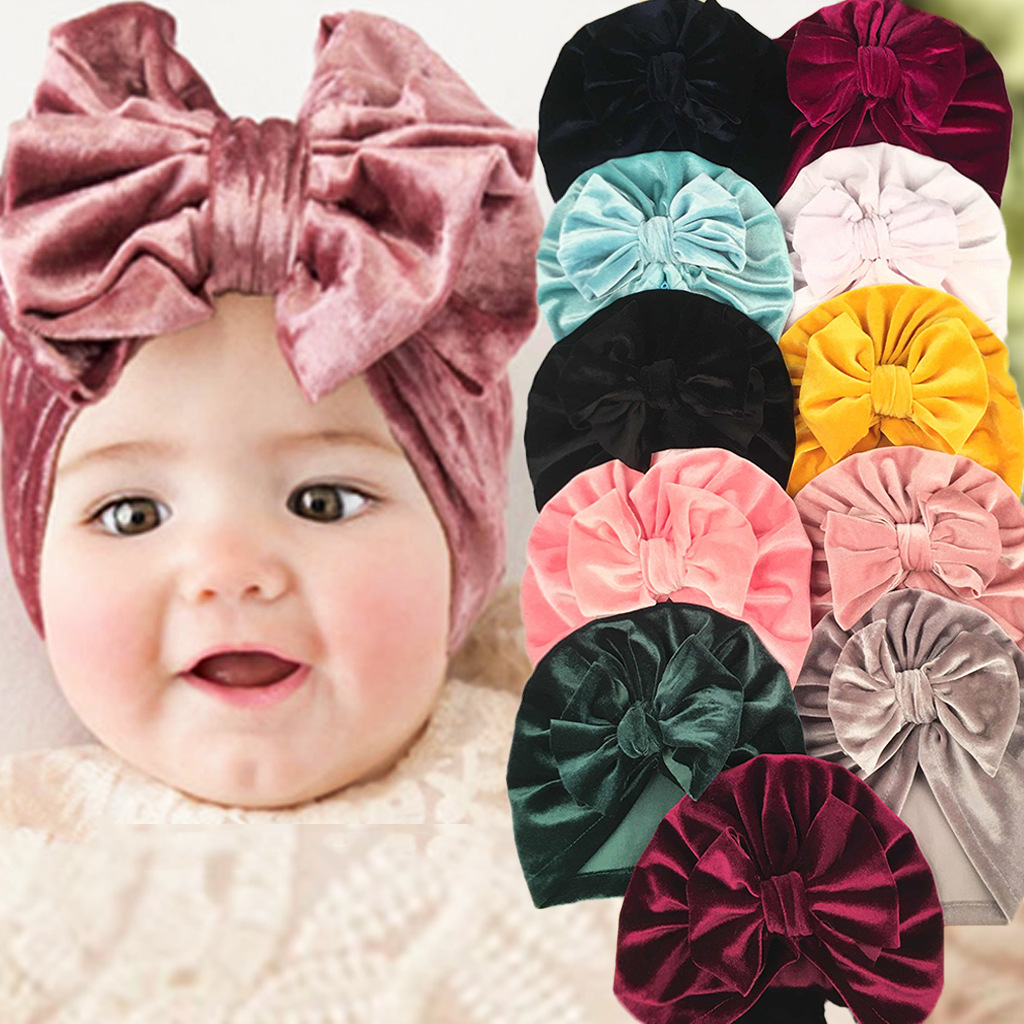 新款velvet儿童帽子蝴蝶结儿童帽子宝宝纯色套头帽印度帽子