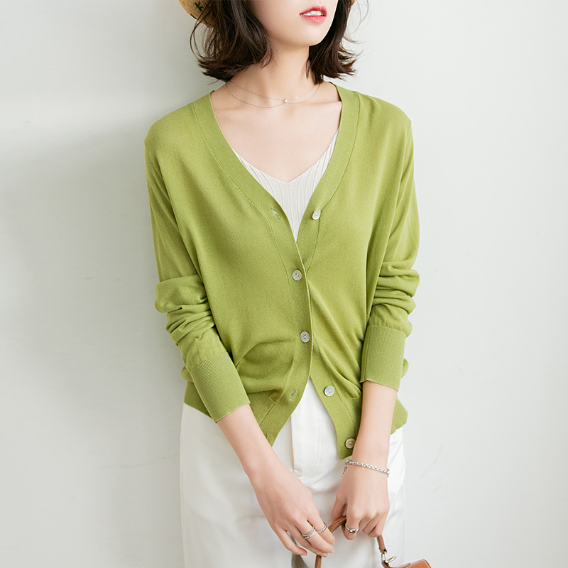 秀业2021夏新款薄款空调防晒衫女韩版气质薄款长袖V领冰丝针织衫