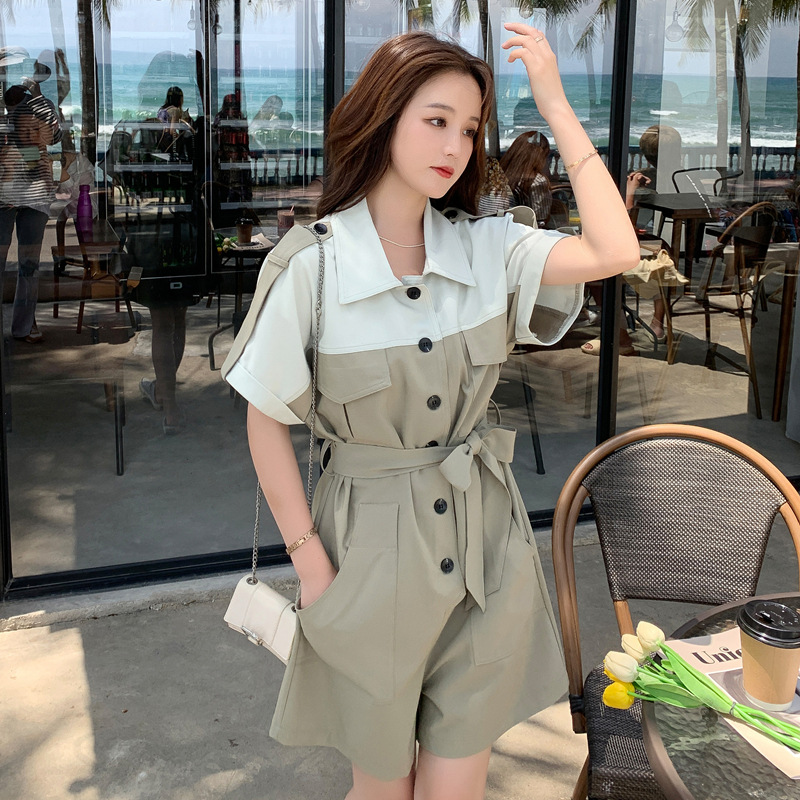 拼接连体裤女短裤2021年夏季新款小个子工装阔腿显瘦连衣裤套装潮