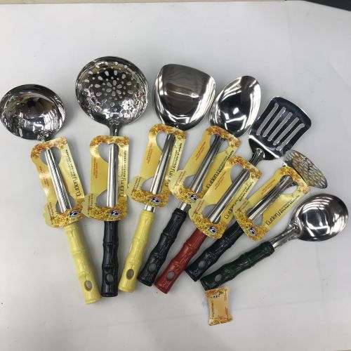 [huilin] stainless steel non-magnetic anti-scald kitchenware bamboo clip handle porridge colander spatula flat shovel long tongue spoon