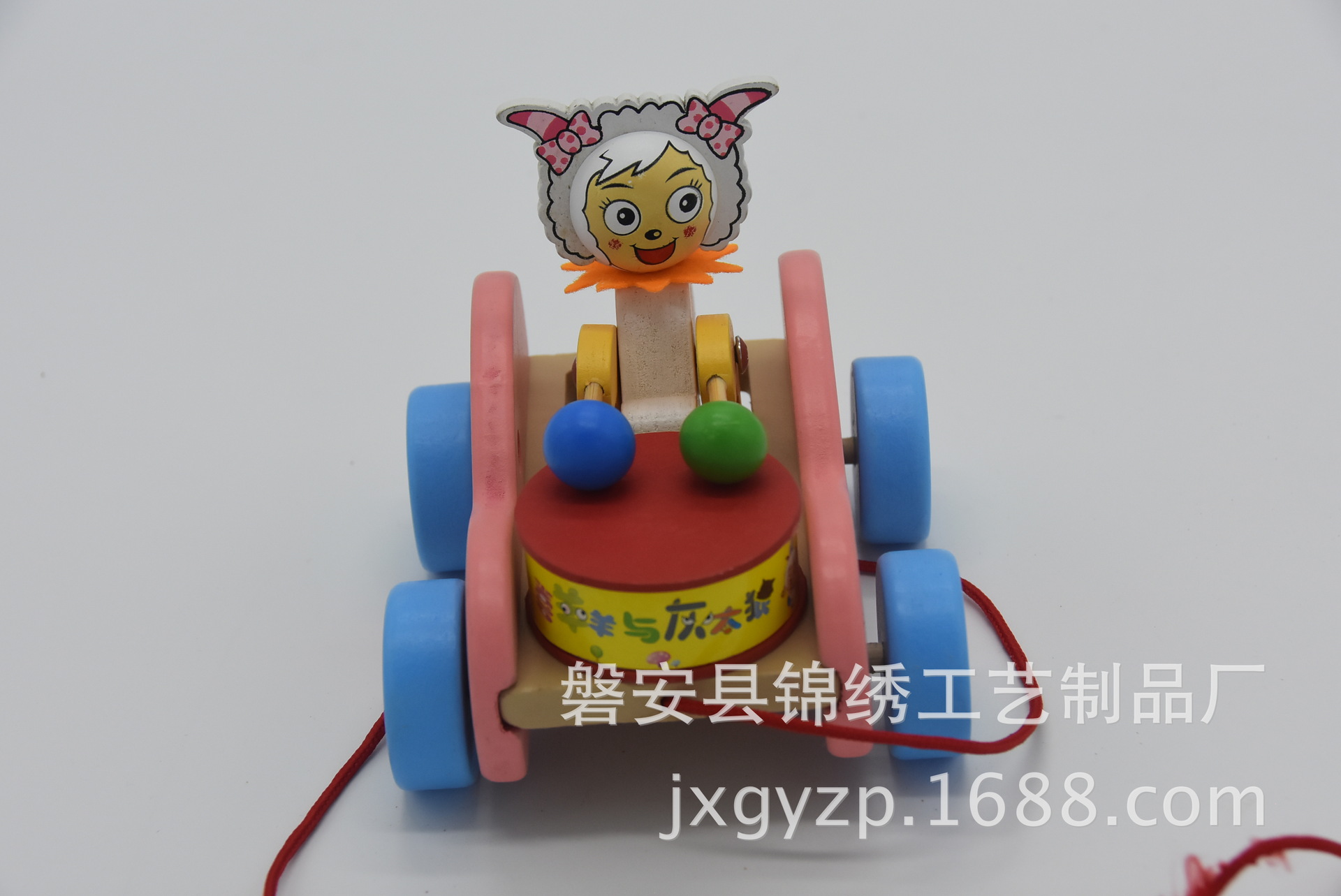 厂家直销 木制羊羊敲鼓拉车 木制卡通动物拉车 儿童拉车