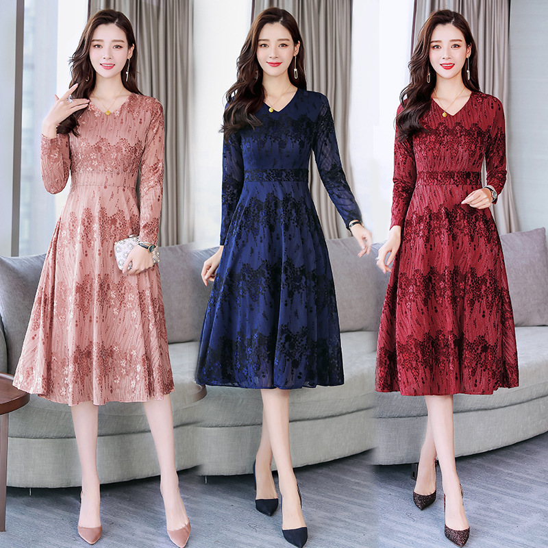 2021春秋冬新款金丝绒连衣裙女中长款过膝大码收腰气质阔太太裙子