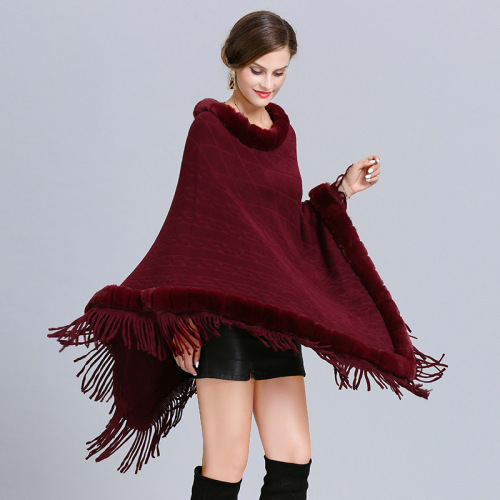 european and american new imitation fox fur collar jacquard pullover tassel cape and shawl coat for women