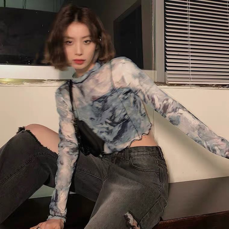 辣妹短款扎染网纱打底衫女2021夏季新款设计感内搭防晒长袖t恤潮