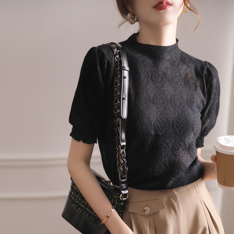 半高领针织短袖打底衫女春夏BAI搭T恤气质修身宽松上衣2021