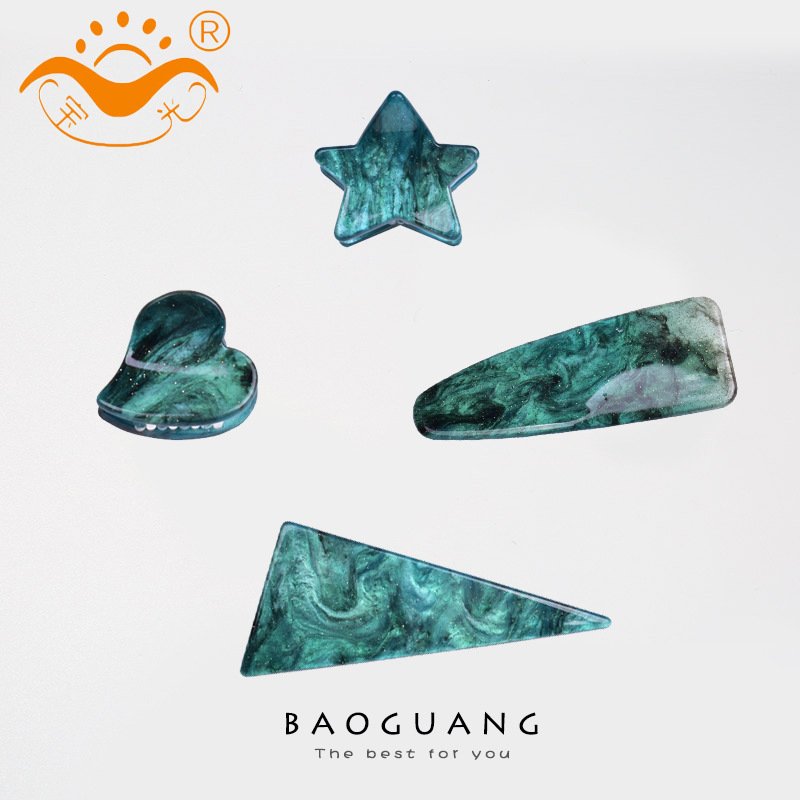 宝光欧美发饰可订制亚克力星空绿鸭嘴夹五角心迷你边夹桃心小发夹