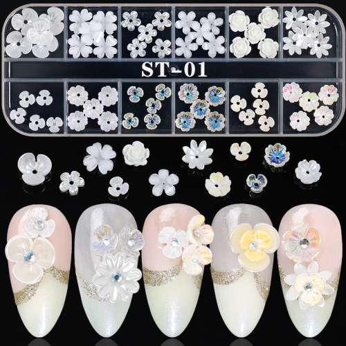 manicure online celebrity shell flower set 12 grid metal hollow frame shell piece nail ornament set box