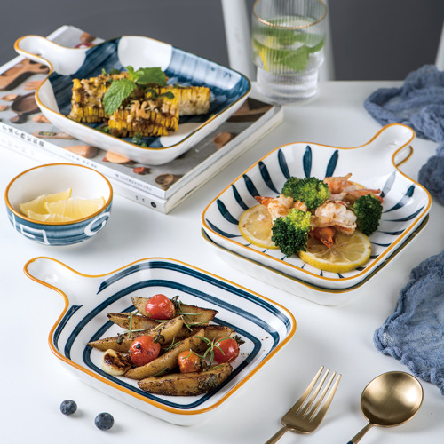 Japanese Hand-Painted Household Ceramic Baking Tray Baking Bowl Fruit Plate Steak Plate Oven Baking Tableware