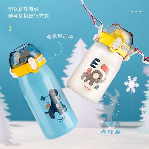 Ebelo Cocoa straw Thermos Cup Portable Strap Dual-Use Thermos Cup Children Cartoon Water Cup