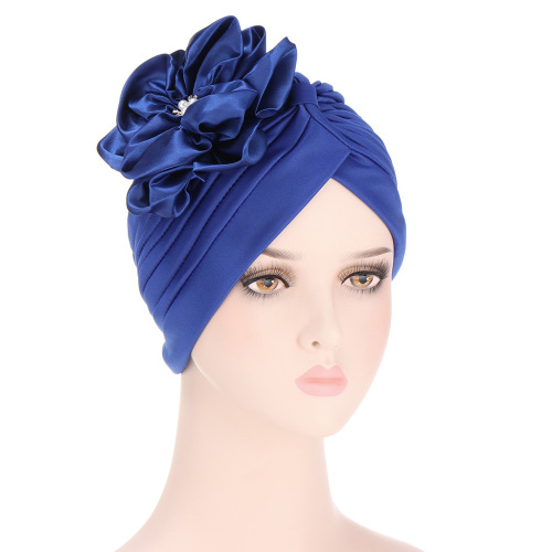 multi-color aliexpress headscarf hat pleated indian hat with accessories satin flower headscarf hat fashion bag head hat