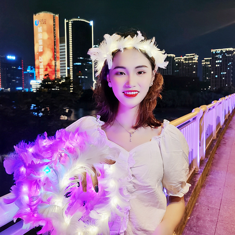 2021新款仙女发光羽毛花环 天使鹅毛花环景区地摊女式闪光头饰