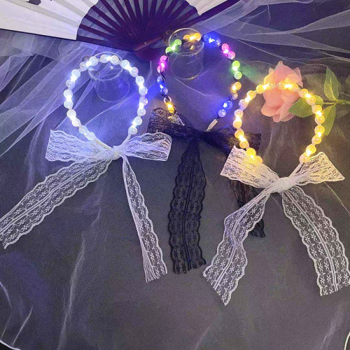internet celebrity fairy luminous headband hair band integrated lace women‘s hair tie gentle lace pearl band headdress night market push