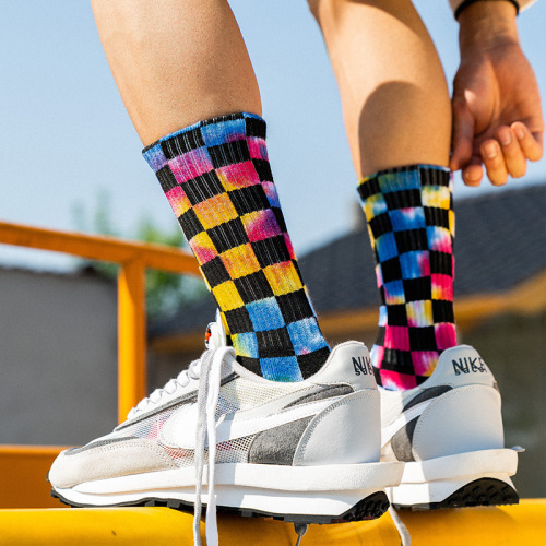 Tie-Dyed Socks Men‘s Mid-Calf Terry Breathable Street Fashion Socks Wholesale Student Plaid Thigh High Socks Female Cotton Socks
