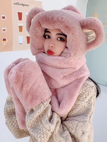 Bear Hat Female Autumn Winter All-Match Scarf One Winter Cycling Warm Ear Protection Cute Plush Cap with Ears Tide