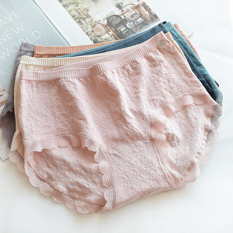 新款中腰包臀无缝舒适内裤女底裆透气三角裤蕾丝黑色