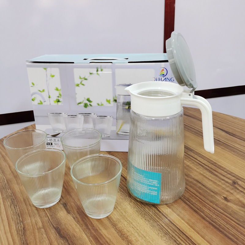 起航雅居小桥流水玻璃透明条纹冷水壶五件套礼品套装凉水壶果汁壶