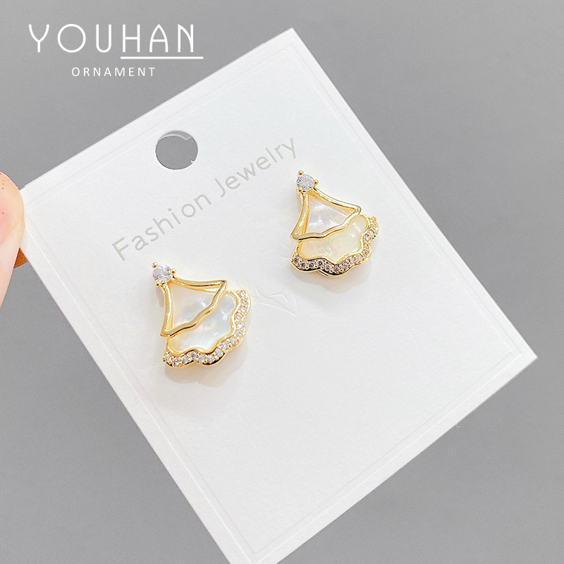 东大门新款网红轻奢几何型耳环小裙子S925银针贝壳耳钉小众耳饰女