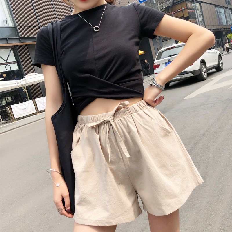 棉麻短裤女夏2021新款宽松运动休闲高腰大码a字亚麻阔腿港风学生