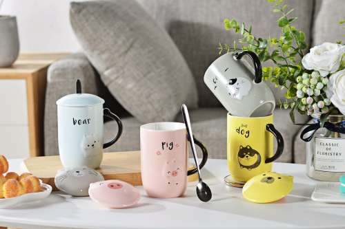 Cartoon Ceramic Cup Creative Cartoon Mug Animal Relief Cup Ceramic Water Cup Mug with Cover with Spoon