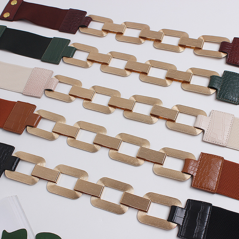 2020新款复古巴洛克风格重金属链条拼接鳄鱼纹暗扣松紧腰带腰链女