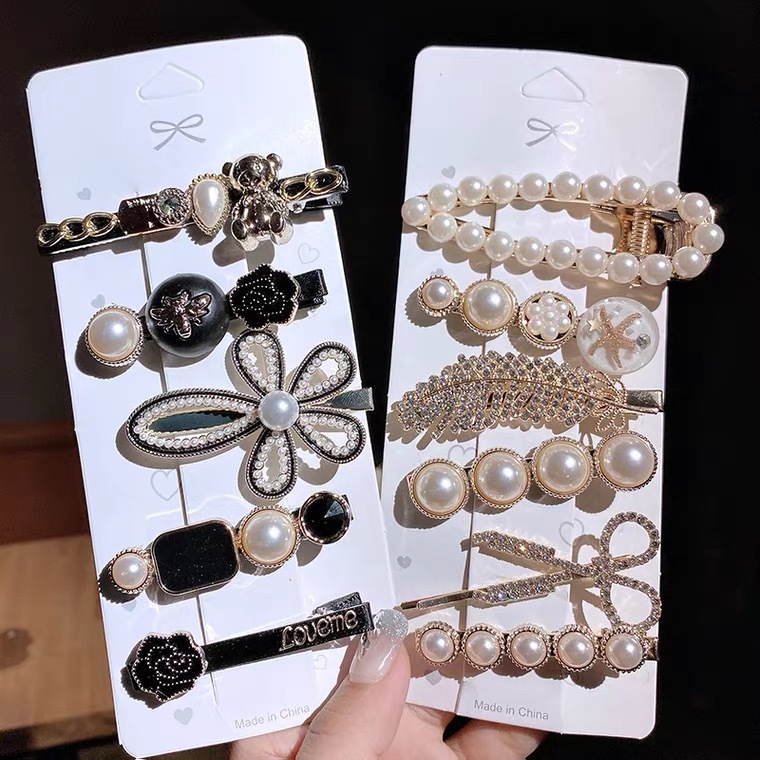 东大门同款水钻发夹6件套珍珠羽毛发饰发夹 小香风重工小熊一字夹