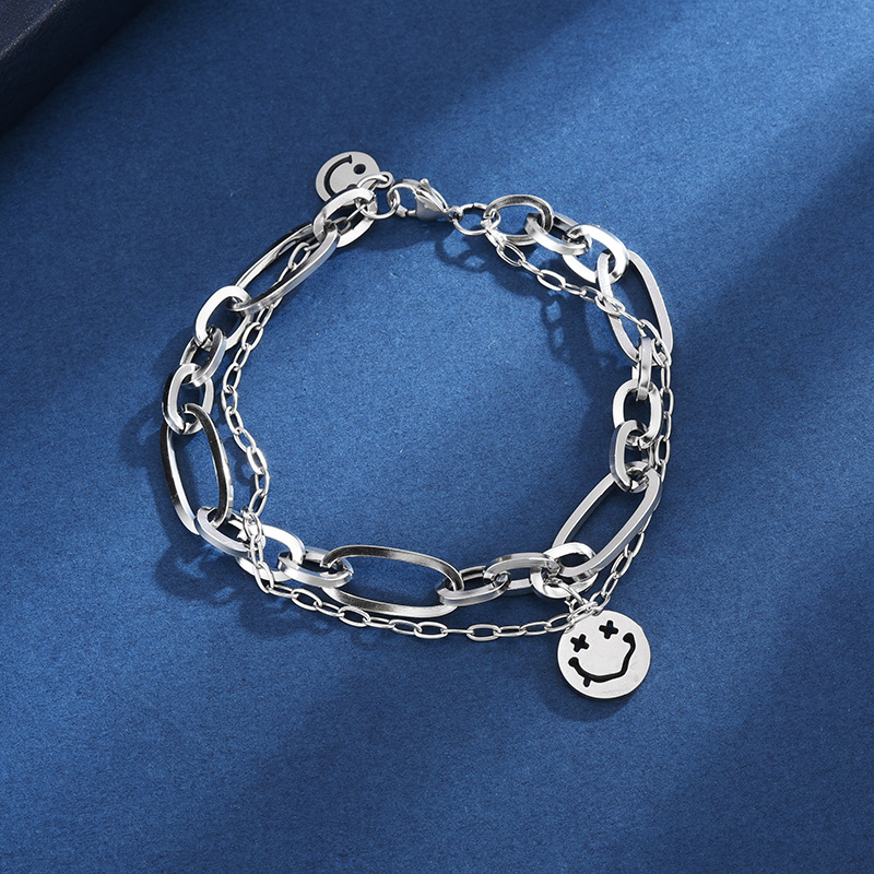 跨境 欧美风时尚个性不锈钢双层手链  ins潮流街拍笑脸吊坠情侣款