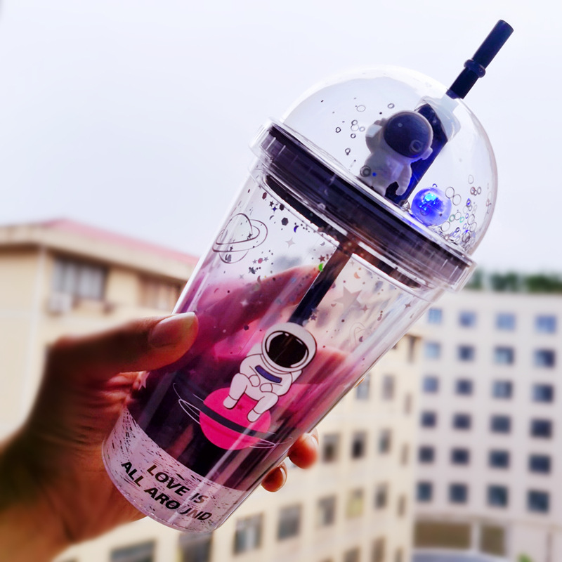 太空飞行双层吸管杯塑料水杯夏季创意随手杯STOCK带灯