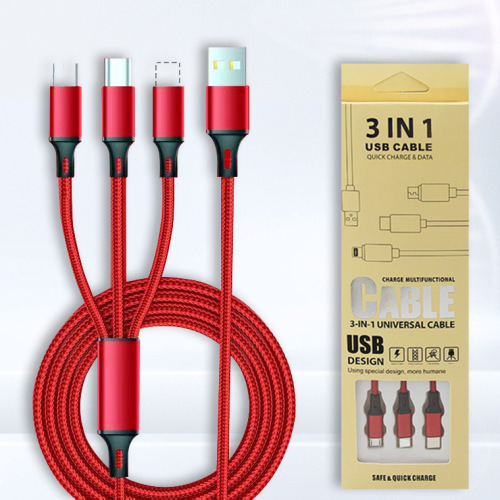 nylon braided one-to-three data cable multi-head 2a fast charging three-in-one mobile phone charging cable gift logo customization