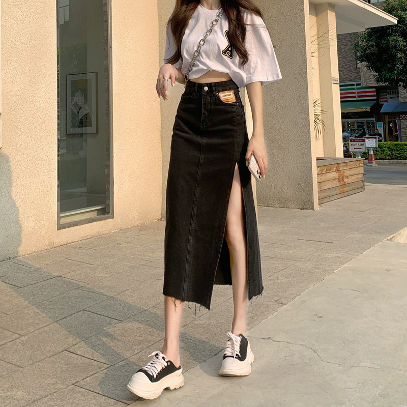 夏季2021年新款韩版高腰开叉牛仔半身裙女显瘦a字包臀中长款裙子