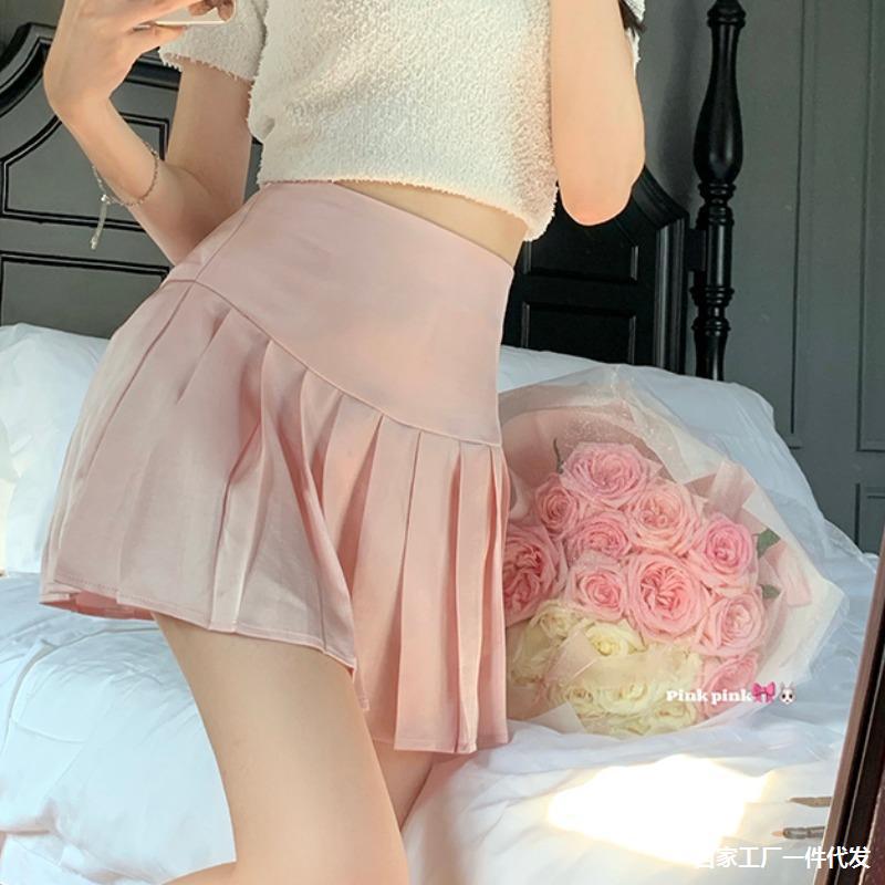 甜辣妹粉色半身裙女夏季百褶裙2021新款小个子高腰显瘦a字短裙子