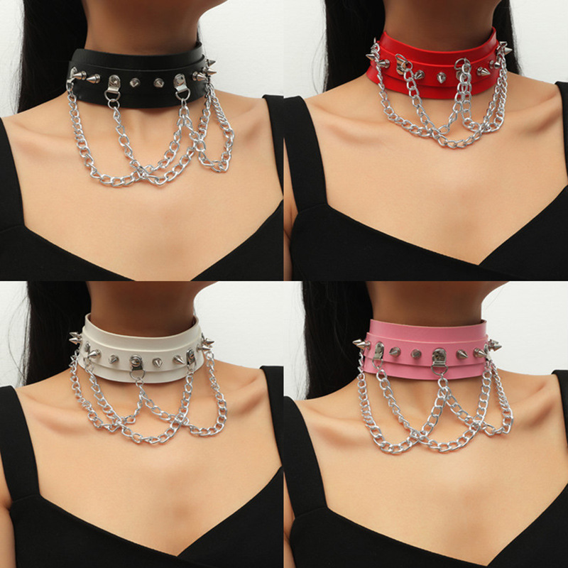 项圈项链朋克街拍夜店个性金属链条颈带锁骨链夸张PU皮颈链项链