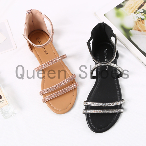 solid color rhinestone women‘s roman style sandals women‘s zipper heel wrapped sandals outer size large flat sandals
