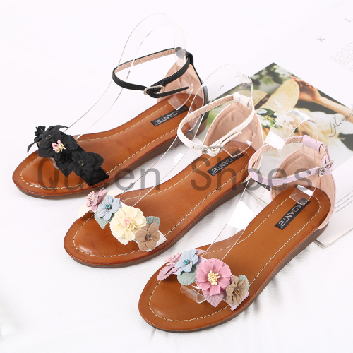 Korean Fashion Summer Women‘s Flower Shoes Outer Wear Flat Cool plus Size Women‘s Roman Style Sandals Flower Sandals