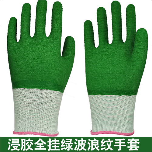 Green Wave Pattern Full Glue Hanging Gloves Non-Slip Wear-Resistant Wrinkle Gloves Plastic Nylon Foam Hanging Glue gloves