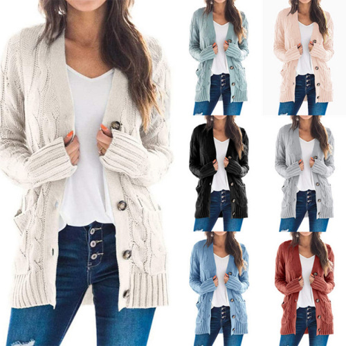 2021 autumn and winter new amazon women‘s european and american casual cardigan jacket solid color twist button cardigan sweater women