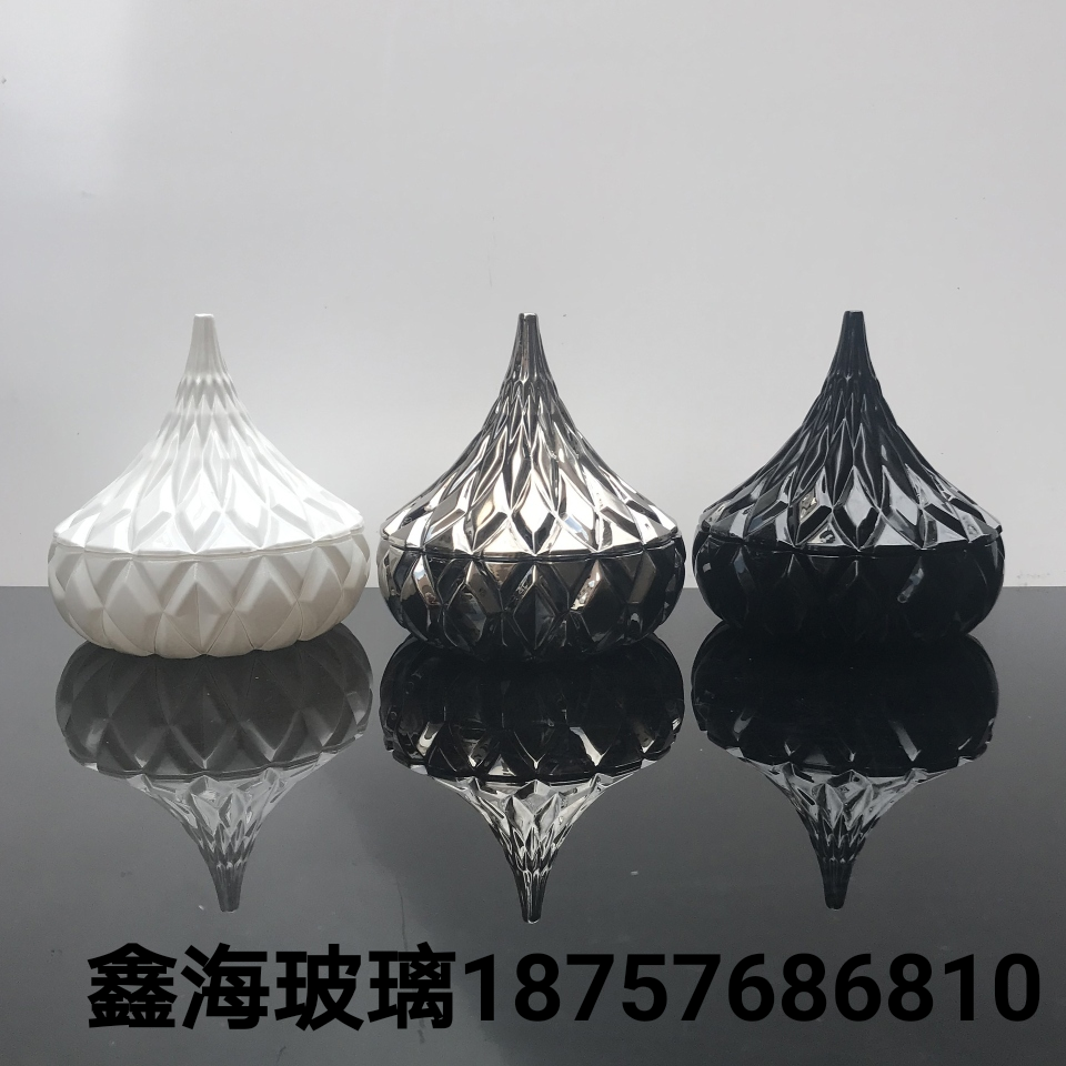 金色三角糖罐糖果盅玻璃镀色糖盒带盖子蛋糕糖果罐 尖头糖缸玻璃