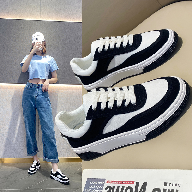 小香风黑白熊猫鞋2022新款圆头百搭系带休闲版鞋厚底系带帆布鞋女