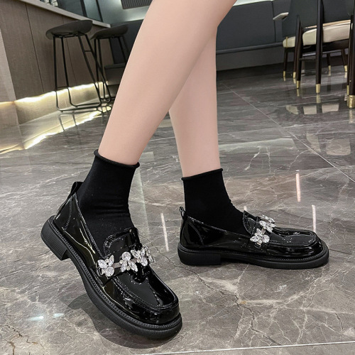 british style single-layer shoes for women summer new round head crystal decoration solid color root shallow mouth slip-on women‘s shoes