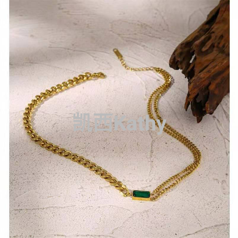 速卖通经典款 绿色方锆石不对称项链手链黑色红色蓝色金色链条