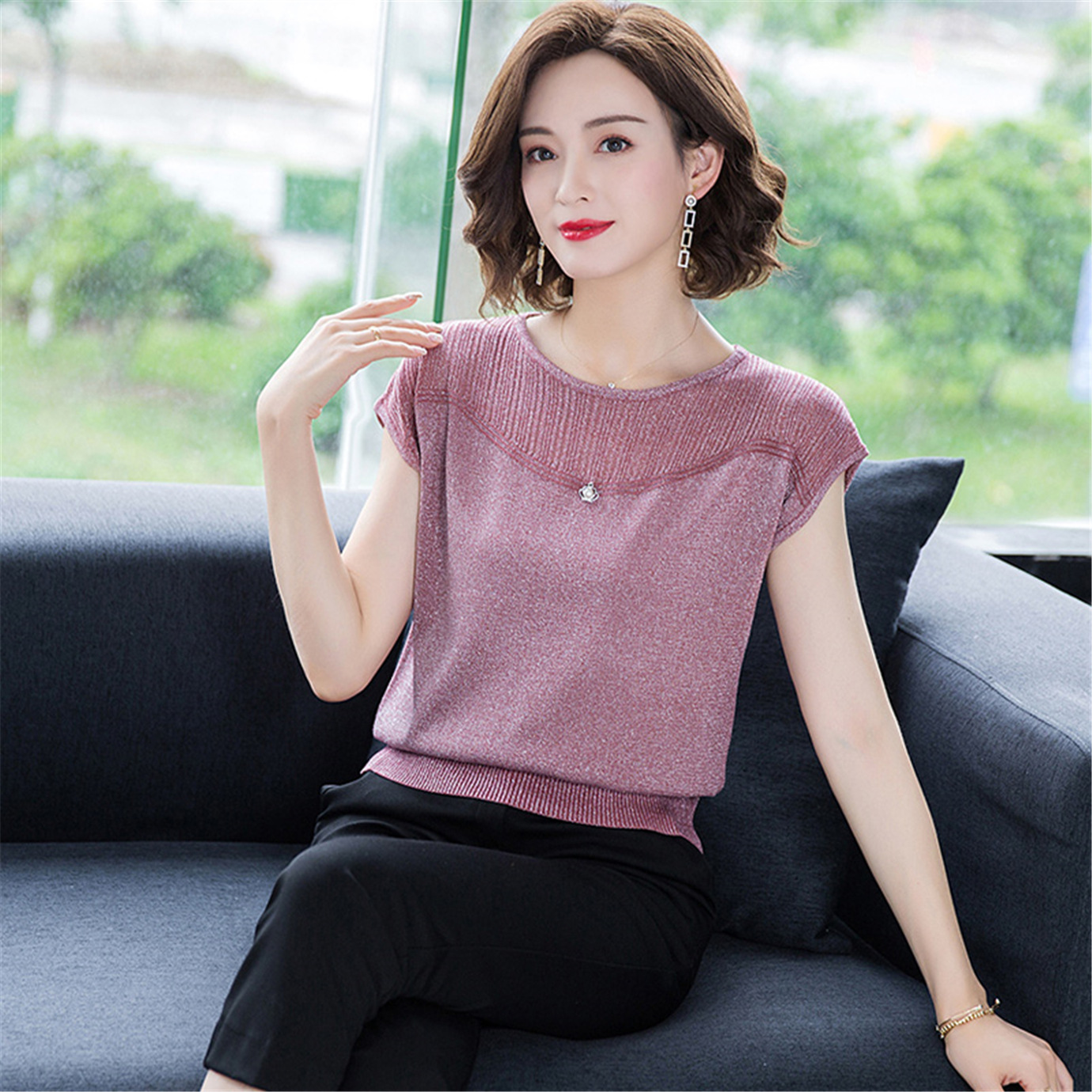 冰丝套头针织衫短袖t恤女士夏季2021夏装新款打底薄款上衣潮宽松