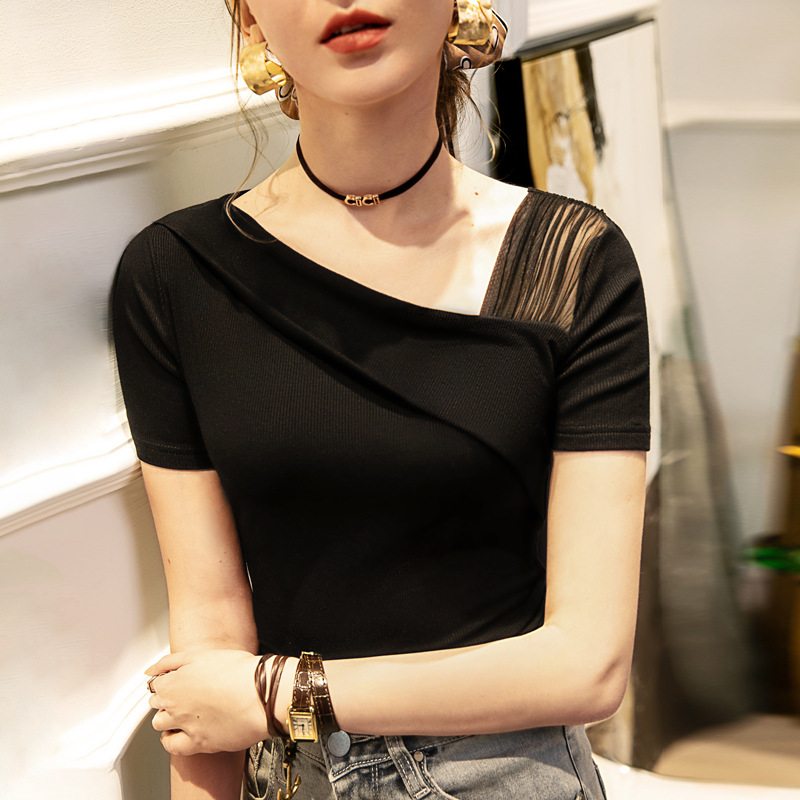 2021春夏新款斜领短袖洋气低领T恤欧货打底小衫