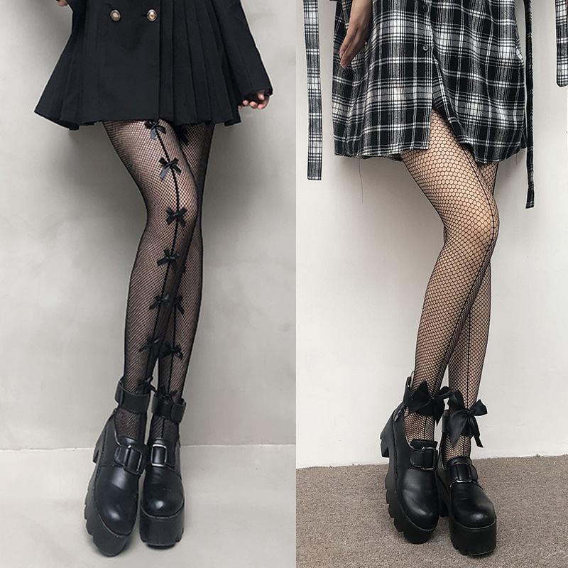 网红蝴蝶结黑丝袜女 黑色ins渔网袜子蕾丝连裤袜薄款款日系JK可爱