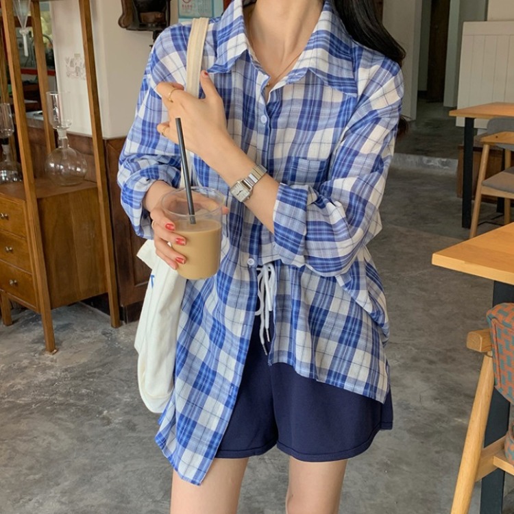 实拍2021韩国新款撞色长袖格子衬衣+高腰抽绳热裤两件套装女