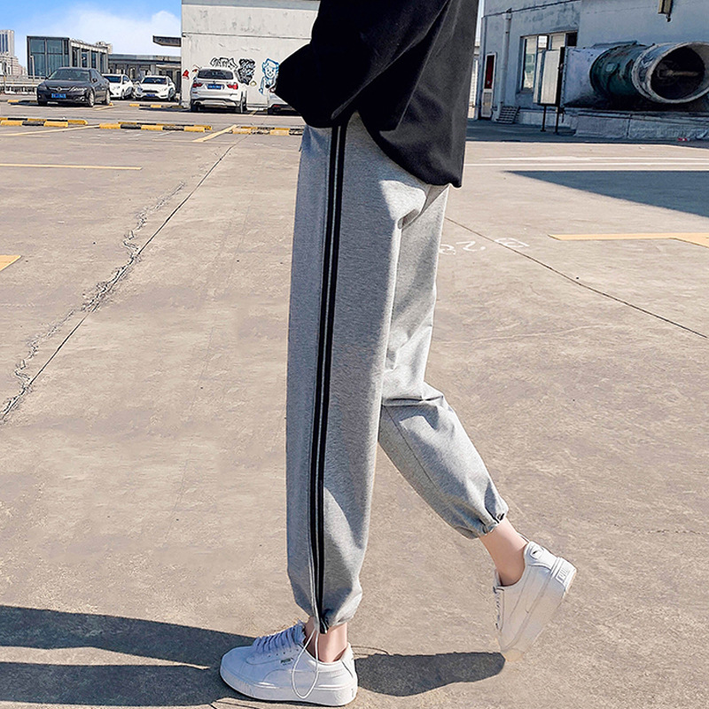 2021秋冬新款灰色运动裤女宽松束脚阔腿裤女抽绳直筒显瘦休闲卫裤